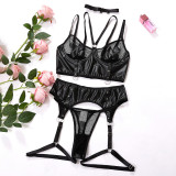 Plus Size Women pu Leather Fishnet See-Through Sexy Lingerie Two-piece Set