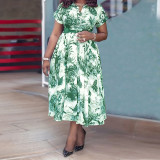 Plus Size Women Printed Stand Collar Belted Dress