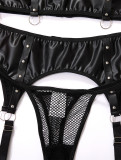Plus Size Women pu Leather Fishnet See-Through Sexy Lingerie Two-piece Set