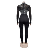 Solid color beaded mesh long-sleeved jumpsuit