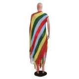 Women knitting Multi-Color Striped Fringe Beach Skirt