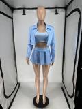Women's Washed Printed Shirt Vest Pleated Mini Skirt Three-Piece Set