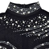 Solid color beaded mesh long-sleeved jumpsuit