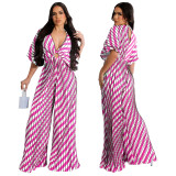 Fashion Women's V-Neck Print Pleated Casual Jumpsuit