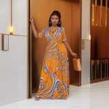Plus Size Women Bohemian Tie Dye Casual Slit Beach Short Sleeve Dress