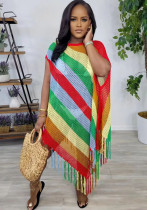 Women knitting Multi-Color Striped Fringe Beach Skirt