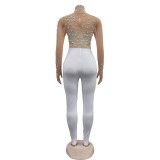 Solid color beaded mesh long-sleeved jumpsuit