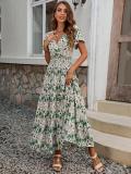 Summer V-Neck Short-Sleeved Print Cotton Dress Women's Fashion Chic Slim Waist Slim Fit Long Dress