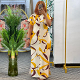 Summer Fashion Printed Short Sleeve Slit Shirt Maxi Dress Plus Size Dress