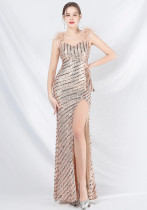 Feather Beaded Side Slit Evening Dress Feather Beaded Side Slit Evening Dress
