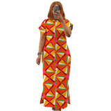 Summer Fashion Printed Short Sleeve Slit Shirt Maxi Dress Plus Size Dress