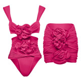 Women's Flower Decoration Hollow Solid Color Sexy One-Piece Swimsuit Skirt Set