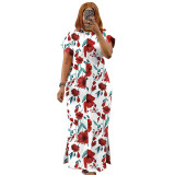 Summer Fashion Printed Short Sleeve Slit Shirt Maxi Dress Plus Size Dress