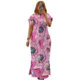 Summer Fashion Printed Short Sleeve Slit Shirt Maxi Dress Plus Size Dress