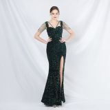 Celebrity Formal Occasion Velvet Beaded Long Evening Dress