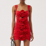 Women's Flower Decoration Hollow Solid Color Sexy One-Piece Swimsuit Skirt Set