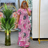 Summer Fashion Printed Short Sleeve Slit Shirt Maxi Dress Plus Size Dress