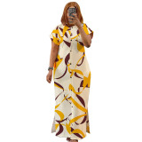 Summer Fashion Printed Short Sleeve Slit Shirt Maxi Dress Plus Size Dress