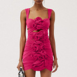 Women's Flower Decoration Hollow Solid Color Sexy One-Piece Swimsuit Skirt Set