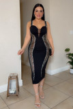 rhinestone hollow see-through slim-fitting strap dress