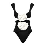 Women's Flower Decoration Hollow Solid Color Sexy One-Piece Swimsuit Skirt Set