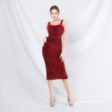 Strap Feather Sequin Midi Evening Dress