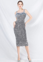 Strap Feather Sequin Midi Evening Dress Strap Feather Sequin Midi Evening Dress