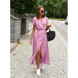 Women's Holidays Polka Dot Print Lace-Up Slim Waist V-Neck Short Sleeve Maxi Dress