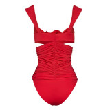 Women's Flower Decoration Hollow Solid Color Sexy One-Piece Swimsuit Skirt Set