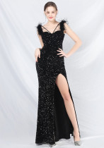 Feather Strap Sequined Long Evening Dress Feather Strap Sequined Long Evening Dress