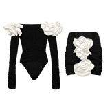 Women's Flower Decoration Hollow Solid Color Sexy One-Piece Swimsuit Skirt Set
