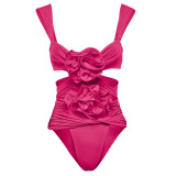 Women's Flower Decoration Hollow Solid Color Sexy One-Piece Swimsuit Skirt Set