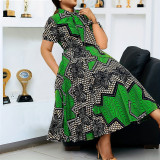 Plus Size Women's Short Sleeve Printed A-Line Long Dress