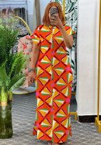 Summer Fashion Printed Short Sleeve Slit Shirt Maxi Dress Plus Size Dress