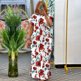 Summer Fashion Printed Short Sleeve Slit Shirt Maxi Dress Plus Size Dress