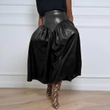 Plus Size Women's Pu Leather Patchwork Long Skirt With Pockets