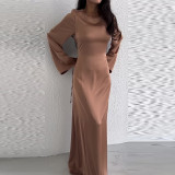 Women Round Neck Long Sleeve Lace Up Dress