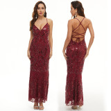 Women Sequin Dress Chic Suspender V Neck Backless Formal Party Maxi Evening Dress