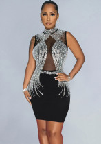 Women Contrast Color Mesh Beaded Bodycon Dress Women Contrast Color Mesh Beaded Bodycon Dress