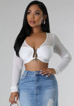 Women Solid Long Sleeve Casual Crop Top