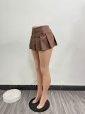 Women Sexy Solid Zipper PU-Leather Pleated Mini Skirt