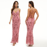 Women Sequin Dress Chic Suspender V Neck Backless Formal Party Maxi Evening Dress