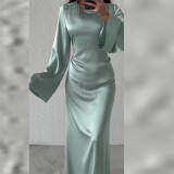 Women Round Neck Long Sleeve Lace Up Dress