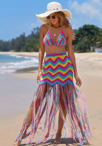 Women sexy crocheted wave pattern fringed beach cover-up dress two-piece set Women sexy crocheted wave pattern fringed beach cover-up dress two-piece set