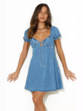 Women Hollow Lace Puff Sleeve Denim Dress