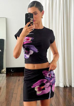 Women summer short-sleeved printed Top and Skirt two-piece set Women summer short-sleeved printed Top and Skirt two-piece set