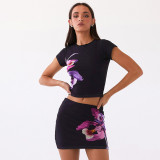 Women summer short-sleeved printed Top and Skirt two-piece set