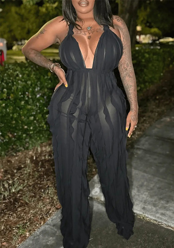 Women Casual Sexy Solid Backless See-Through Halter Neck Black Jumpsuit