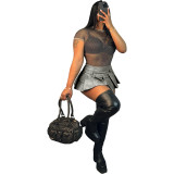 Women Sexy Solid Zipper PU-Leather Pleated Mini Skirt