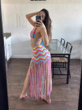 Women sexy crocheted wave pattern fringed beach cover-up dress two-piece set